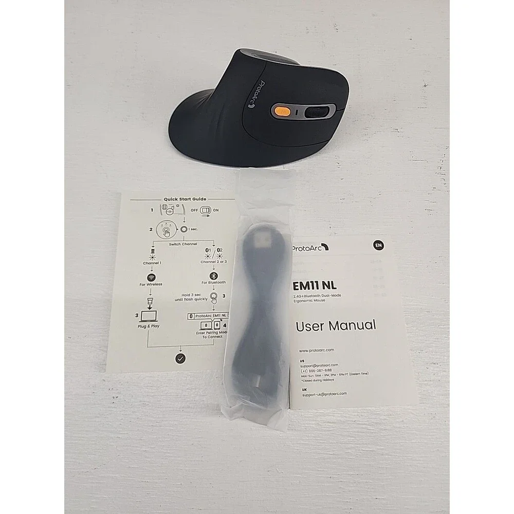 ProtoArc EM11 NL Ergonomic Vertical Mouse, Bluetooth Optical Wireless Black Gray